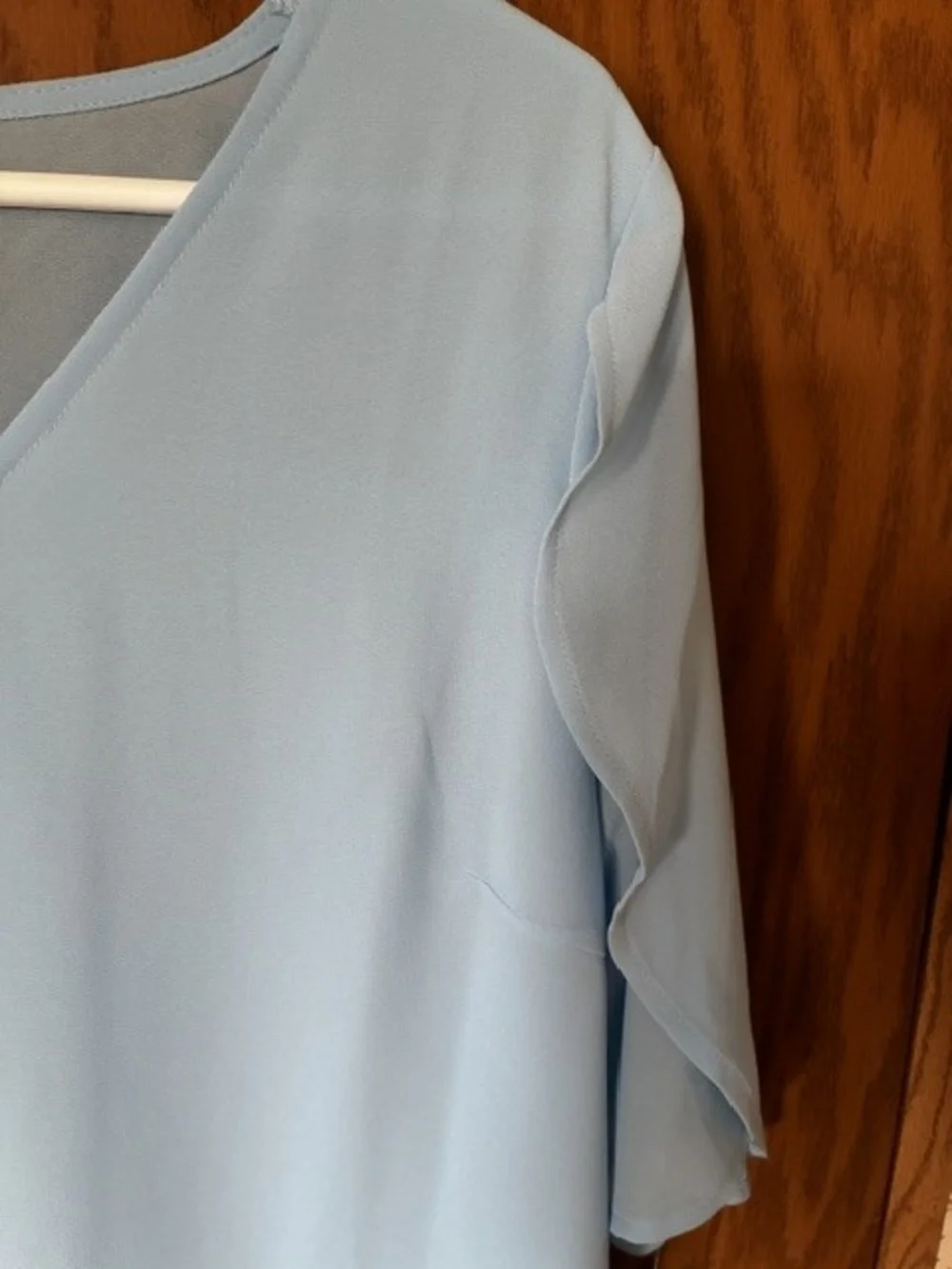 Light Blue Flutter Sleeve V-Neck Blouse - Picture 5 of 7